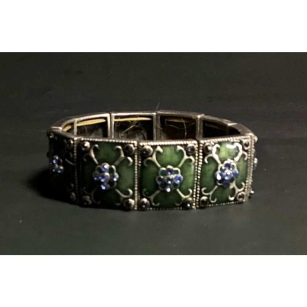 Silver Tone Metal and Olive Green Enamel Panel Stretch Bracelet Blue Rhinestones - Picture 5 of 6